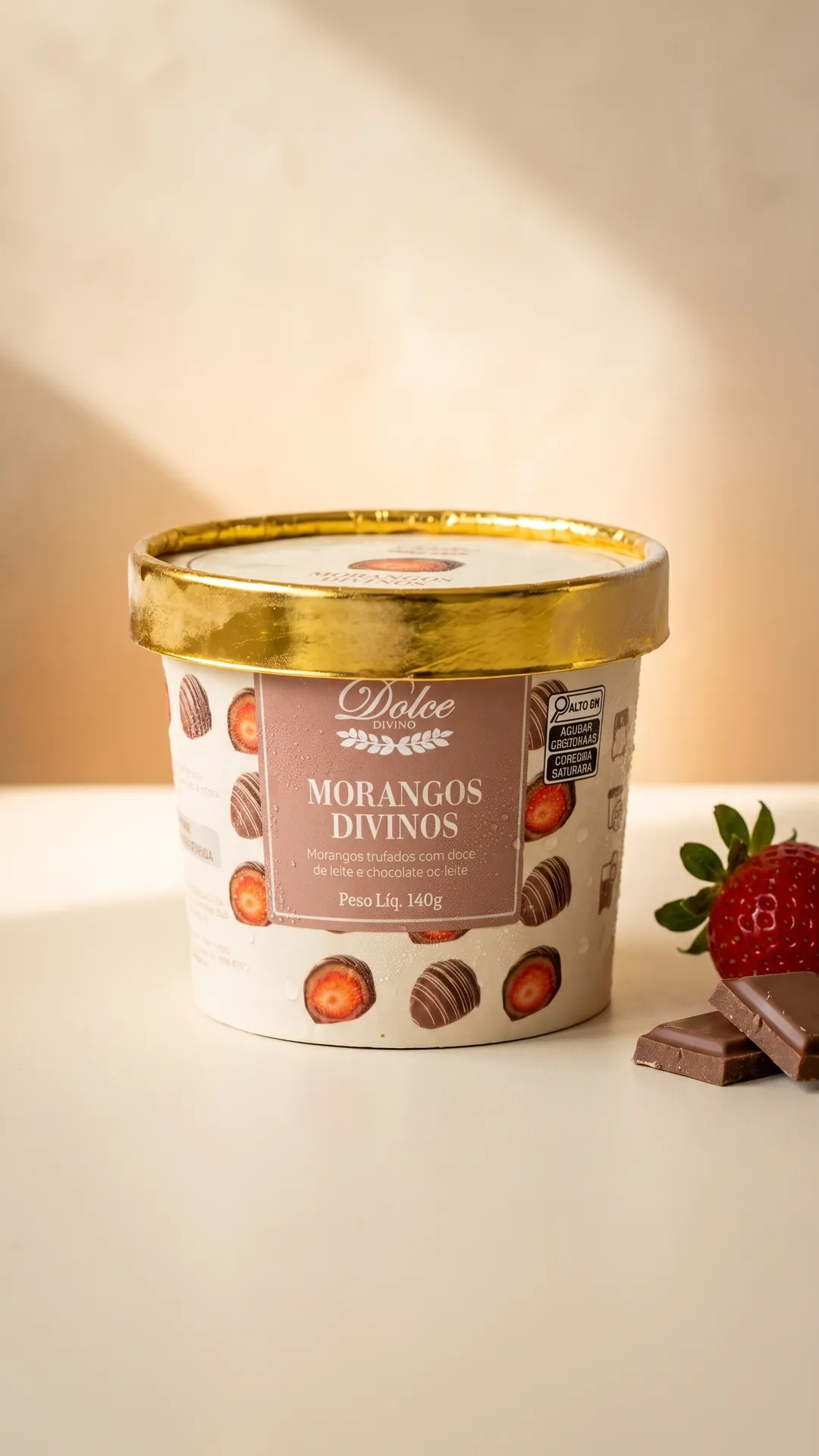 Pote de Morango Divino fechado, gelado, sobre superfície creme