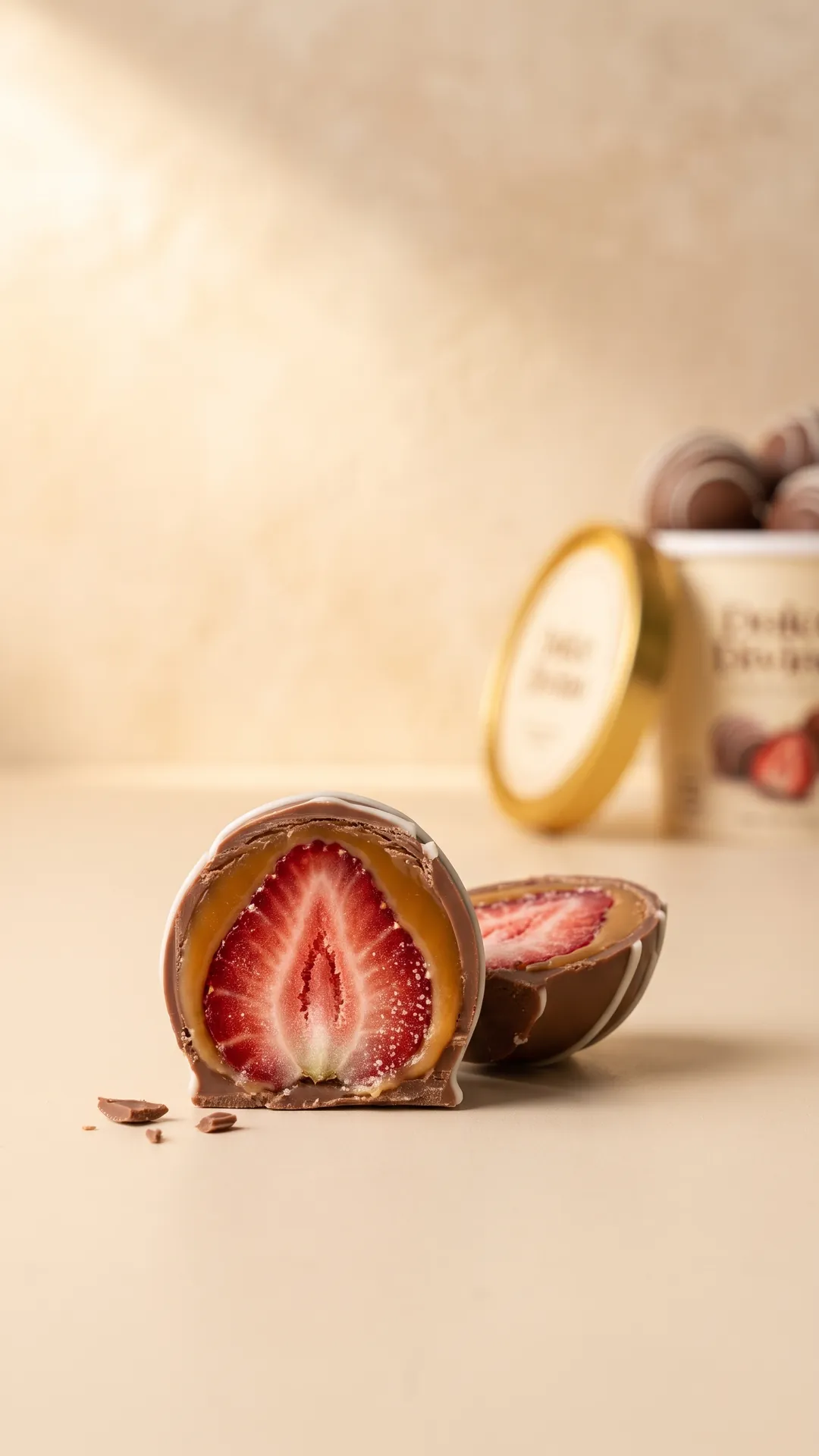 Morango trufado cortado ao meio mostrando chocolate, doce de leite e o morango